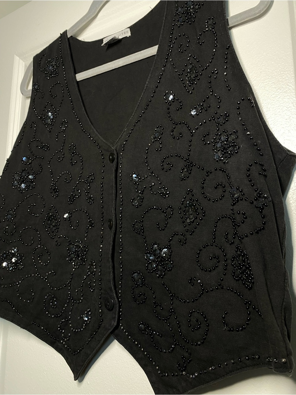 Vintage Beaded Black Women's Vest - Elegant Embellished Button Front
